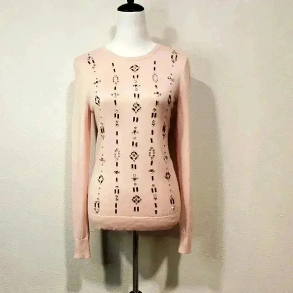 Ann Taylor blush jewel rhinestone sparkle geometric stripe print sweater - Picture 1 of 6